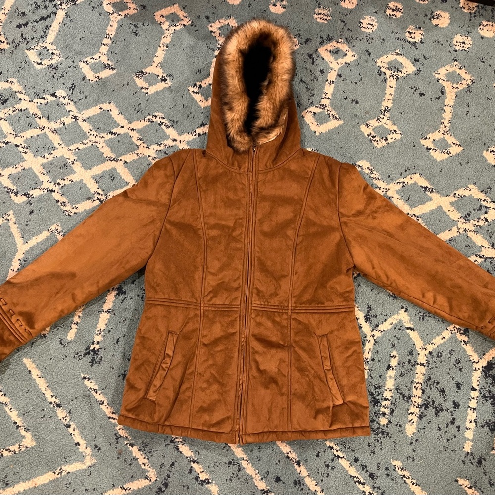 Big Chill Women's Tan Hooded Jacket Faux Fur/Leather XL